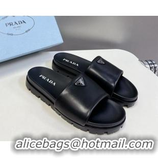 Low Cost Prada Metal-Tone Tiangle Leather Platform Slides Sandal Black 720017