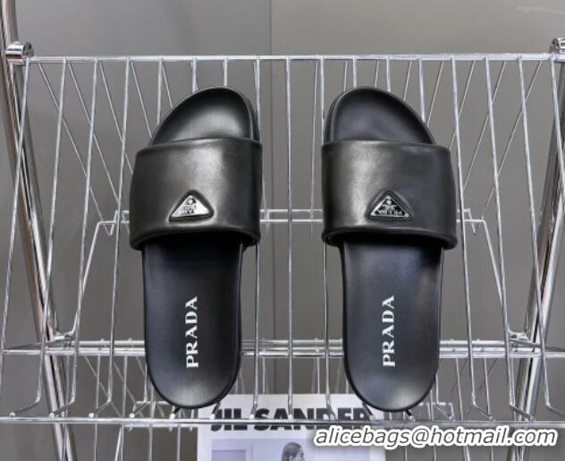 Low Cost Prada Metal-Tone Tiangle Leather Platform Slides Sandal Black 720017