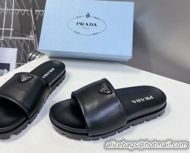 Low Cost Prada Metal-Tone Tiangle Leather Platform Slides Sandal Black 720017