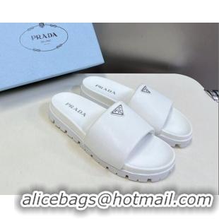 Pretty Style Prada Metal-Tone Tiangle Leather Platform Slides Sandal White 720018