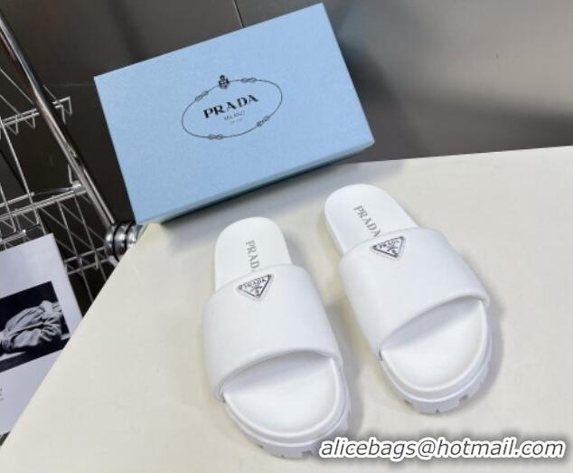 Pretty Style Prada Metal-Tone Tiangle Leather Platform Slides Sandal White 720018