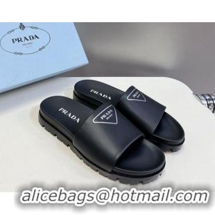 Luxurious Prada Printed Tiangle Leather Platform Slides Sandal Black 720019