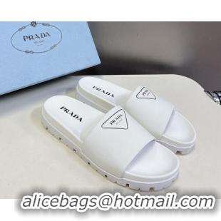 Perfect Prada Printed Tiangle Leather Platform Slides Sandal White 720020