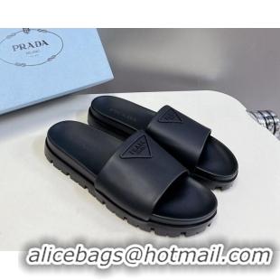 Shop Duplicate Prada Tiangle Logo Leather Platform Slides Sandal Black 720021