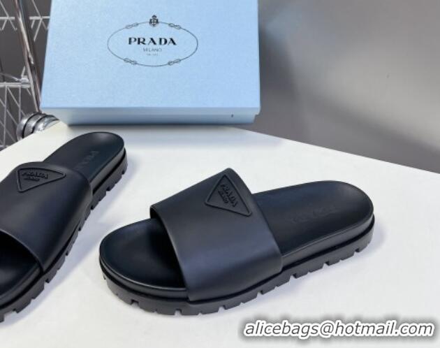 Shop Duplicate Prada Tiangle Logo Leather Platform Slides Sandal Black 720021