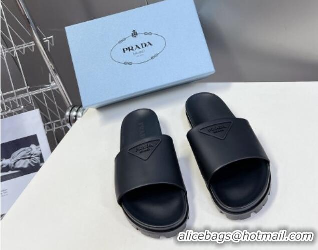 Shop Duplicate Prada Tiangle Logo Leather Platform Slides Sandal Black 720021