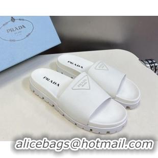 Discount Fashion Prada Tiangle Logo Leather Platform Slides Sandal White 720022