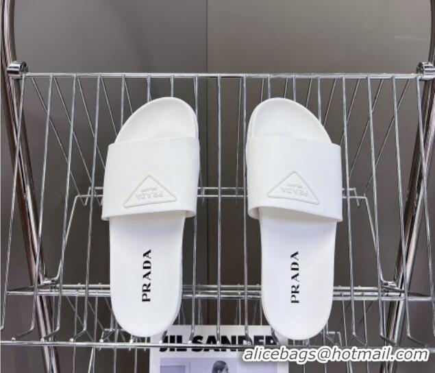 Discount Fashion Prada Tiangle Logo Leather Platform Slides Sandal White 720022