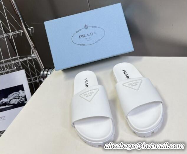 Discount Fashion Prada Tiangle Logo Leather Platform Slides Sandal White 720022