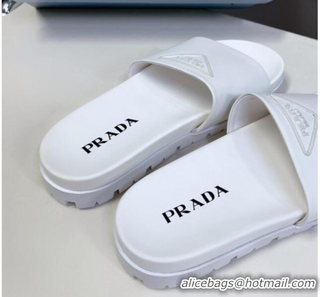 Discount Fashion Prada Tiangle Logo Leather Platform Slides Sandal White 720022