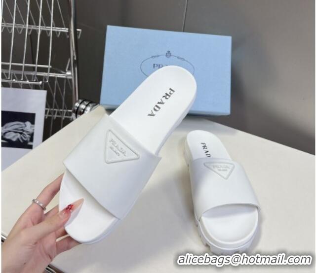 Discount Fashion Prada Tiangle Logo Leather Platform Slides Sandal White 720022