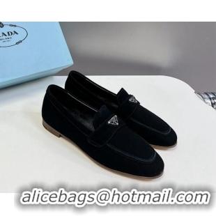 Discount Prada Suede Loafers Flat Black 720023