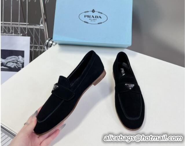 Discount Prada Suede Loafers Flat Black 720023