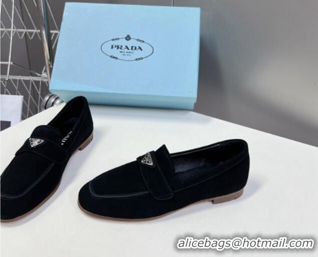 Discount Prada Suede Loafers Flat Black 720023