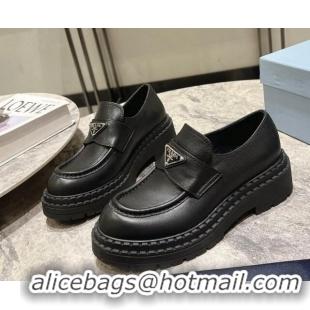 Top Design Prada Matte Leather Platform Loafers 5.5cm Black 720028