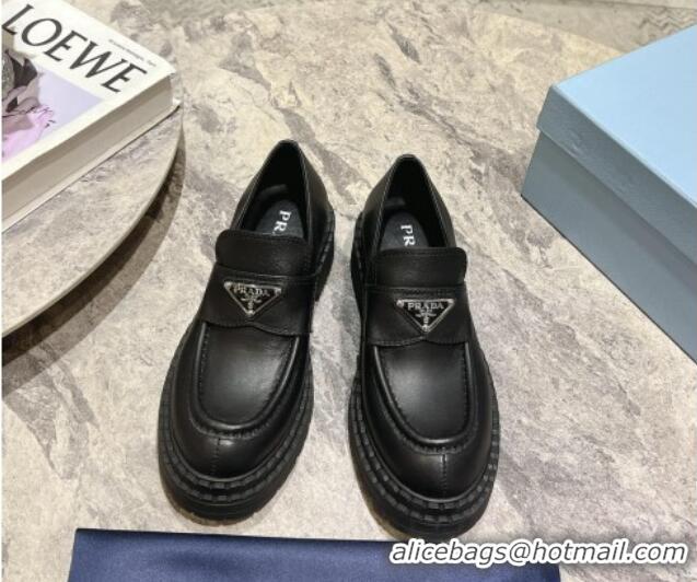 Top Design Prada Matte Leather Platform Loafers 5.5cm Black 720028