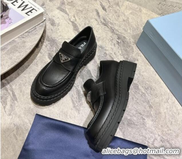 Top Design Prada Matte Leather Platform Loafers 5.5cm Black 720028