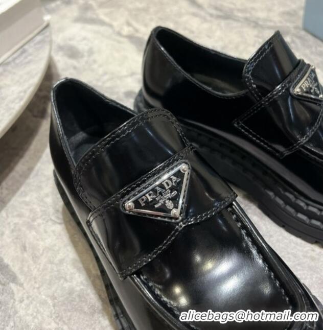 Popular Style Prada Brushed Leather Platform Loafers 5.5cm Black 720029