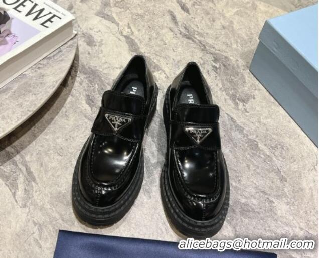 Popular Style Prada Brushed Leather Platform Loafers 5.5cm Black 720029