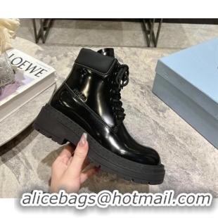 Cheap Price Prada Brushed Leather Platform Lace-up Ankle Boots Black 720031