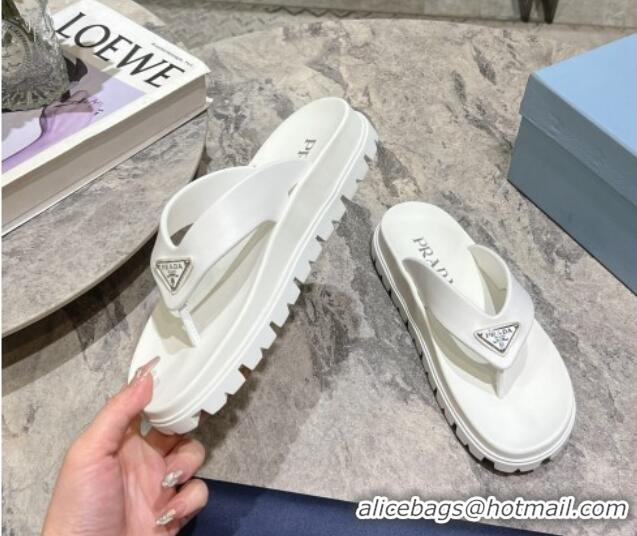 Top Grade Prada Leather Platform Thong Slides Sandal White 720034