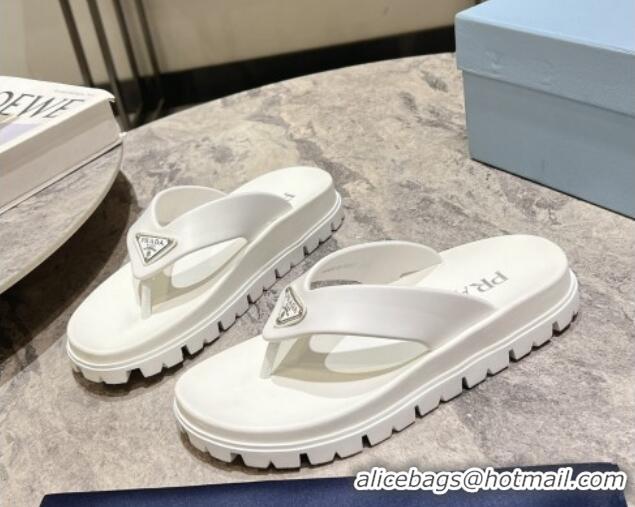 Top Grade Prada Leather Platform Thong Slides Sandal White 720034