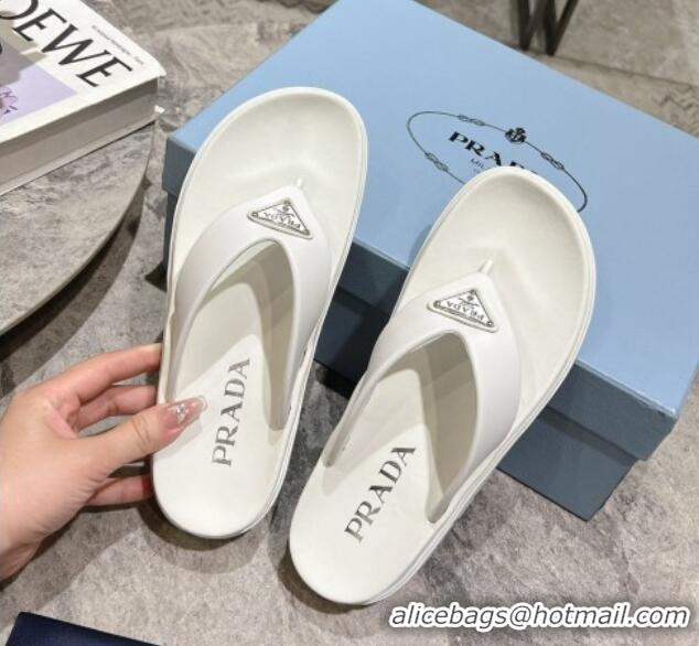 Top Grade Prada Leather Platform Thong Slides Sandal White 720034