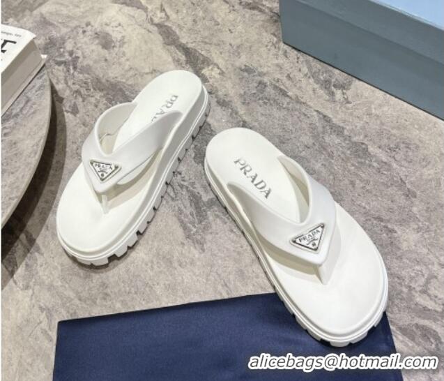 Top Grade Prada Leather Platform Thong Slides Sandal White 720034