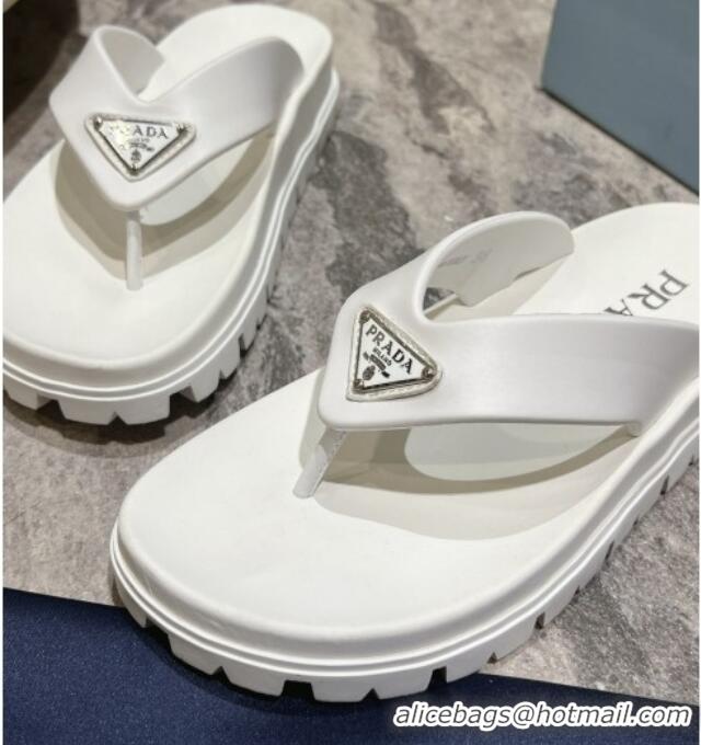 Top Grade Prada Leather Platform Thong Slides Sandal White 720034