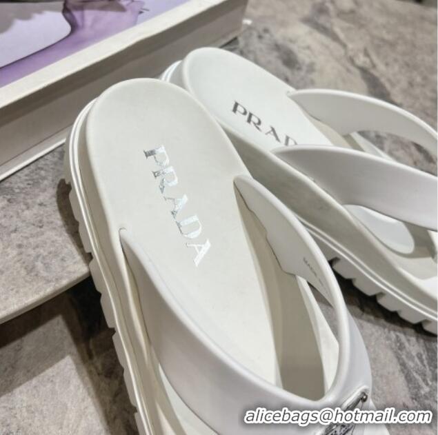 Top Grade Prada Leather Platform Thong Slides Sandal White 720034