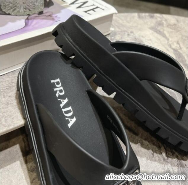 Purchase Prada Leather Platform Thong Slides Sandal Black 720035