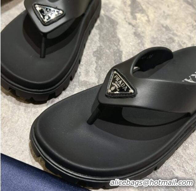 Purchase Prada Leather Platform Thong Slides Sandal Black 720035