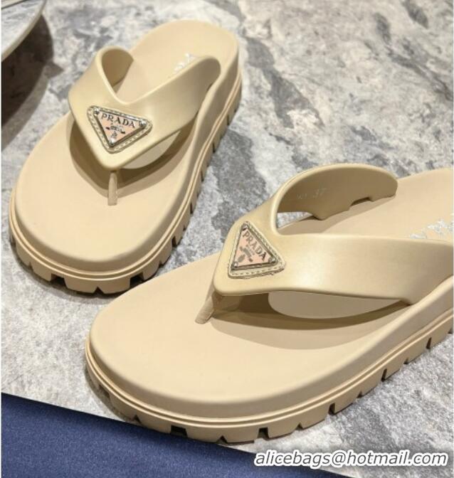 Big Discount Prada Leather Platform Thong Slides Sandal Beige 720036