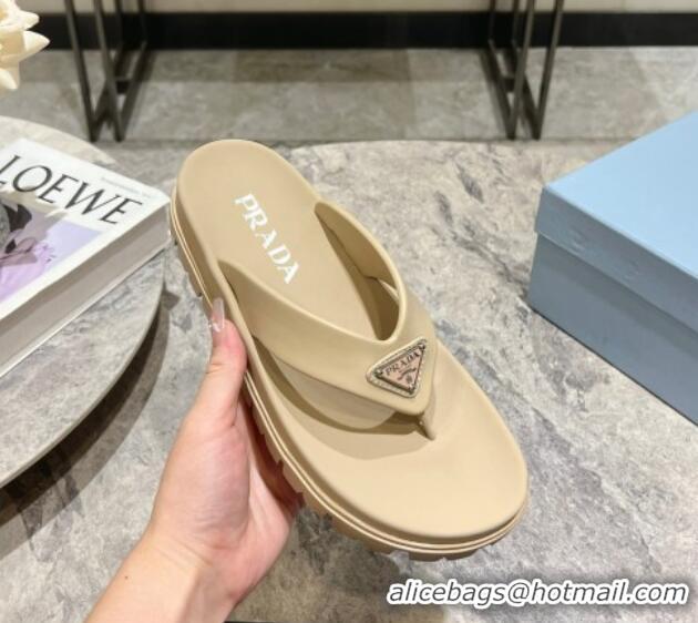 Big Discount Prada Leather Platform Thong Slides Sandal Beige 720036