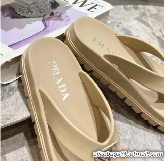 Big Discount Prada Leather Platform Thong Slides Sandal Beige 720036