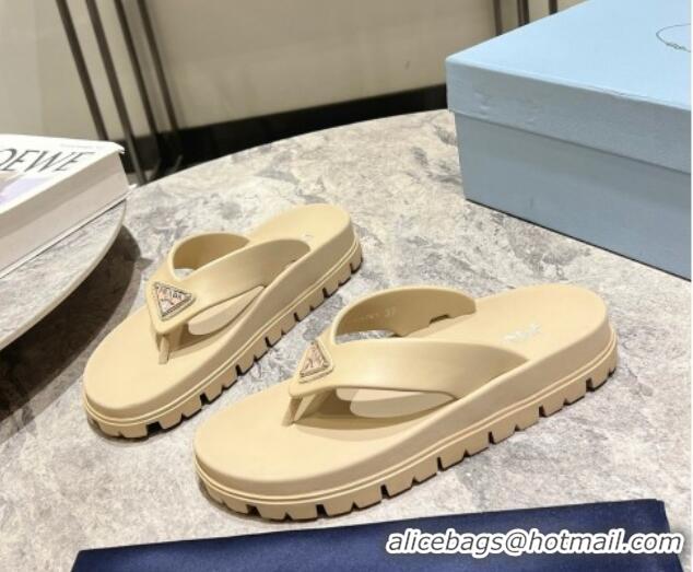 Big Discount Prada Leather Platform Thong Slides Sandal Beige 720036