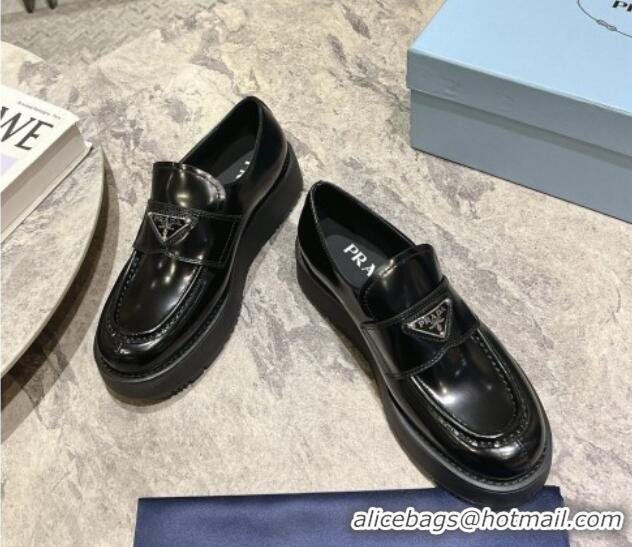 Good Quality Prada Brushed Leather Platform Loafers 4cm Black 720037