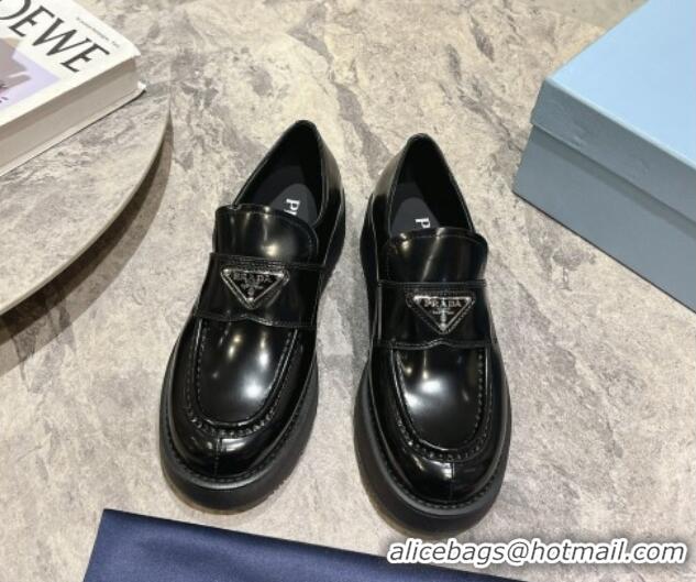 Good Quality Prada Brushed Leather Platform Loafers 4cm Black 720037