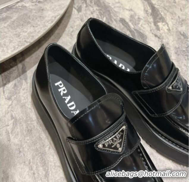 Good Quality Prada Brushed Leather Platform Loafers 4cm Black 720037