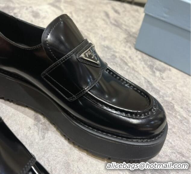 Good Quality Prada Brushed Leather Platform Loafers 4cm Black 720037