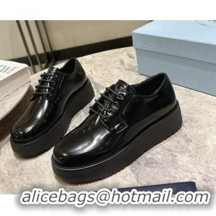 Best Grade Prada Brushed Leather Platform Lace-up Shoes 4cm Black 720039