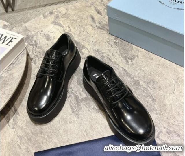 Best Grade Prada Brushed Leather Platform Lace-up Shoes 4cm Black 720039