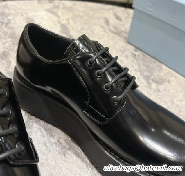 Best Grade Prada Brushed Leather Platform Lace-up Shoes 4cm Black 720039