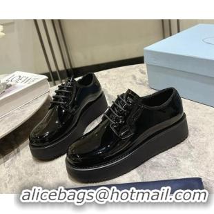 Best Product Prada Patent Leather Platform Lace-up Shoes 4cm Black 720040