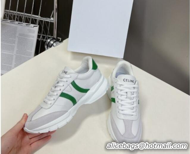 Low Price Celine Runner CR-02 Low Lace-up Sneakers in White Calfskin Leather Green 322017