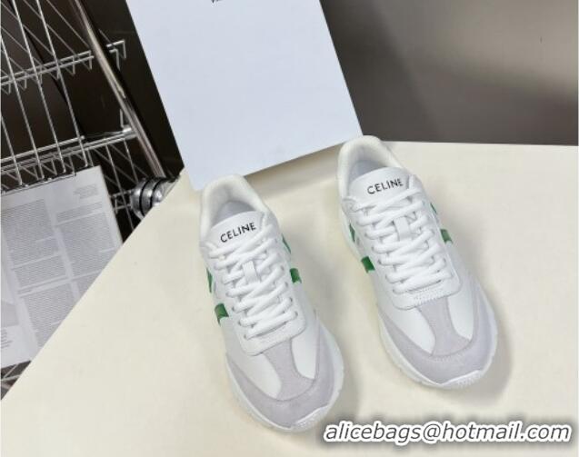 Low Price Celine Runner CR-02 Low Lace-up Sneakers in White Calfskin Leather Green 322017