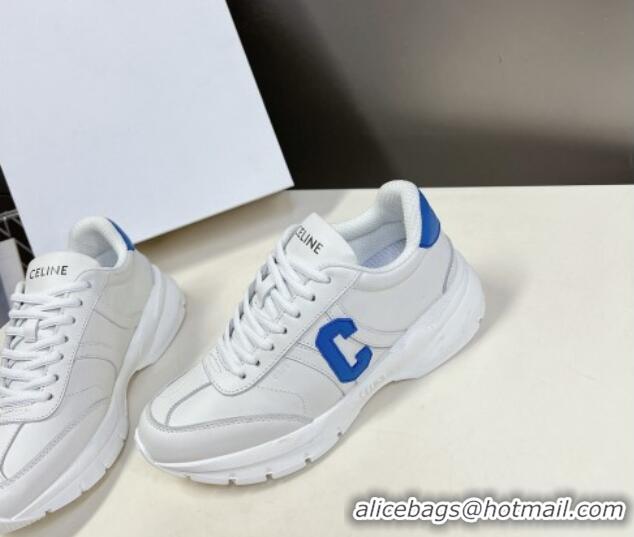 Unique Style Celine Runner CR-02 Low Lace-up Sneakers in White Calfskin with Letter C Light Blue 322019