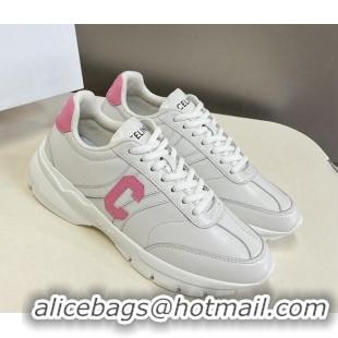 Shop Duplicate Celine Runner CR-02 Low Lace-up Sneakers in White Calfskin with Letter C Light Pink 322021