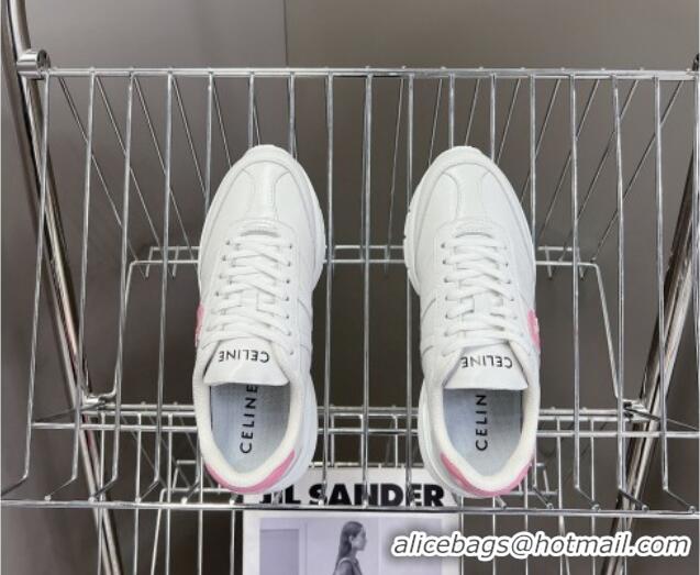 Shop Duplicate Celine Runner CR-02 Low Lace-up Sneakers in White Calfskin with Letter C Light Pink 322021