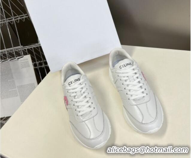 Shop Duplicate Celine Runner CR-02 Low Lace-up Sneakers in White Calfskin with Letter C Light Pink 322021